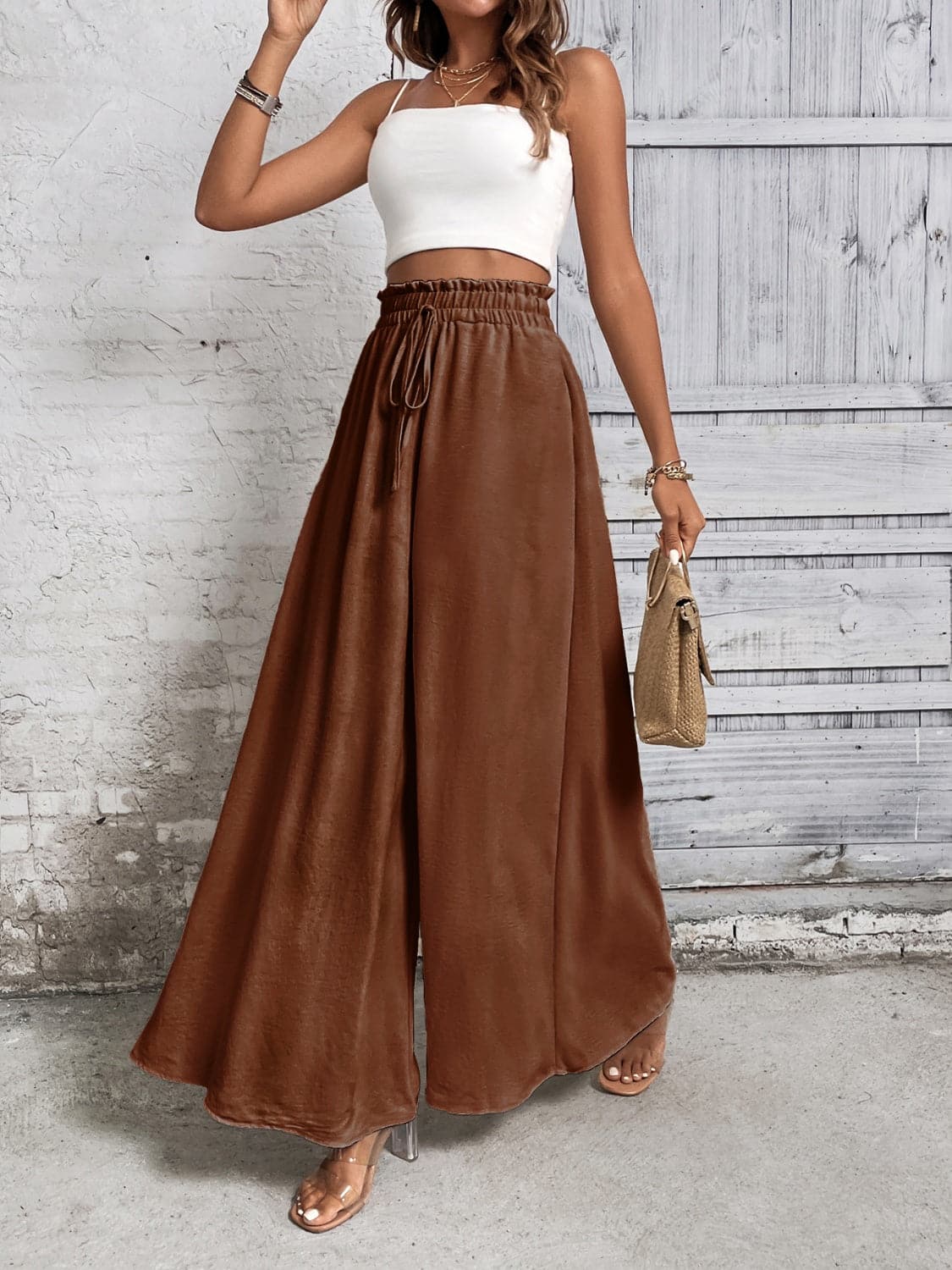 Tied High Waist Wide Leg Pants.