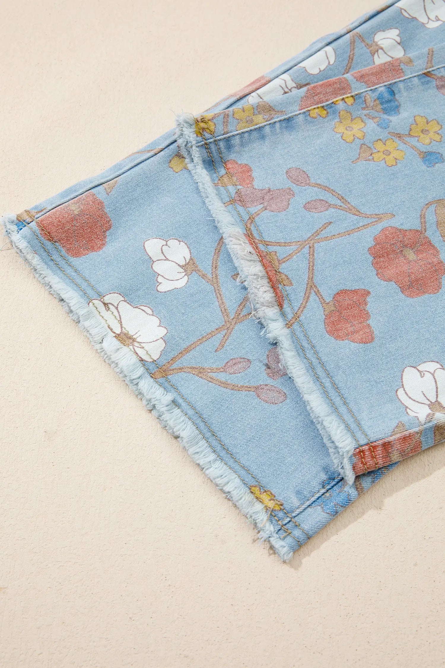Sky Blue Floral Printed Raw Hem Shift Jeans for Women Dear-Lover Dropshipping