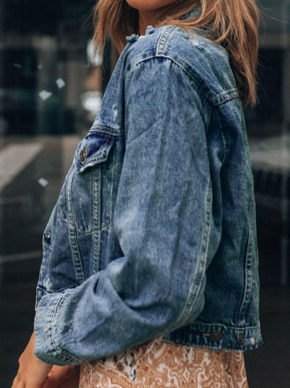 Button Up  Collared Neck Distressed Denim Jacket.