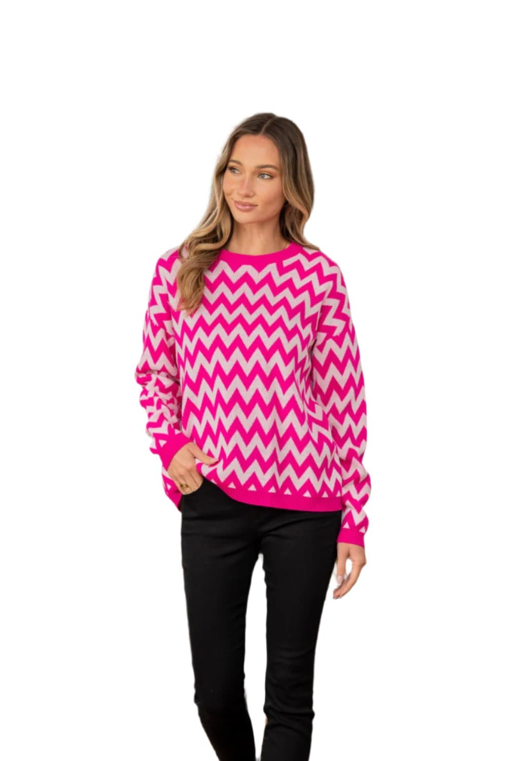 Sew In Love Full Size Wave Stripe Contrast Long Sleeve Sweater.