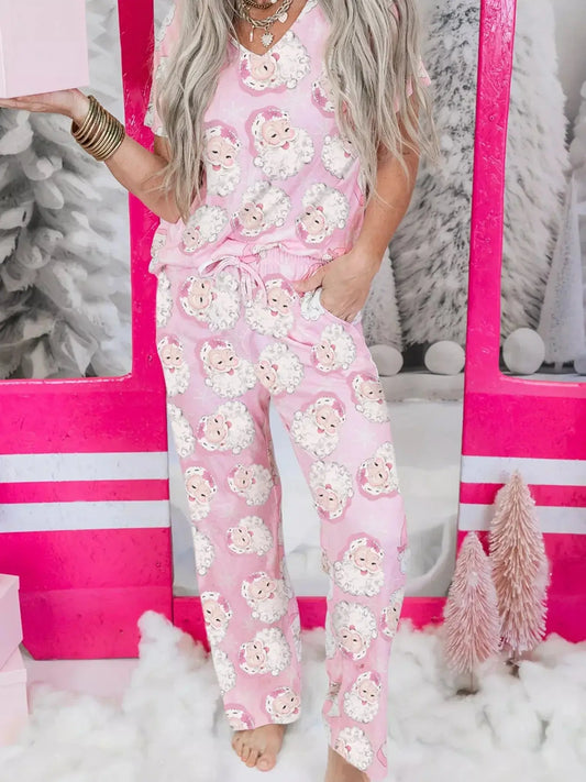 Santa Claus Print V Neck Tee Drawstring Pants 2Pcs Lounge Set Simply Love