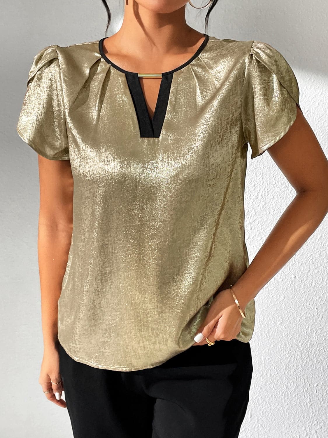 Cutout Round Neck Short Sleeve Blouse.