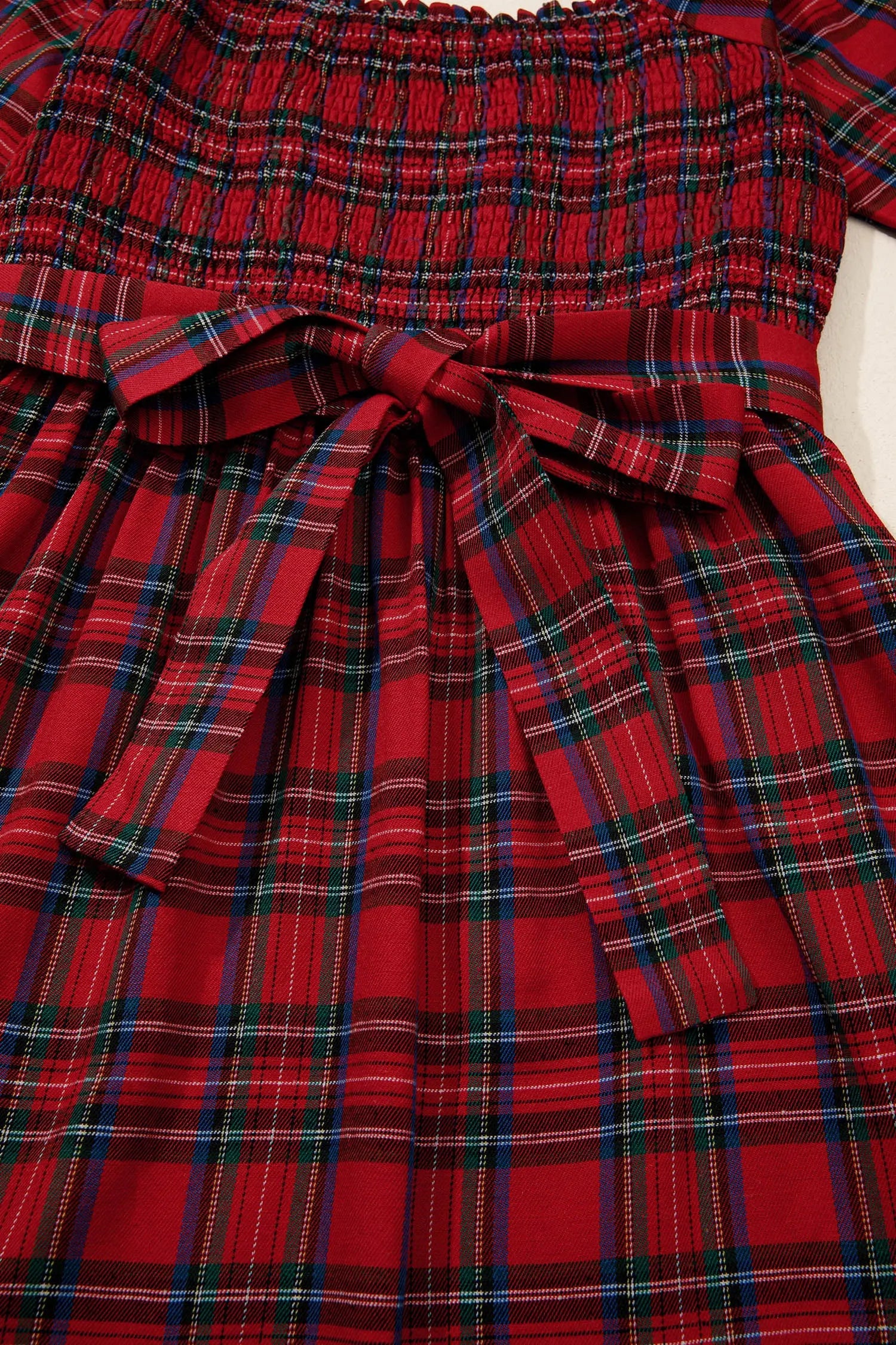 Red Tartan Plaid Square Neck Puff Sleeve Knot Waist Flared Midi Dress Dear-Lover Dropshipping