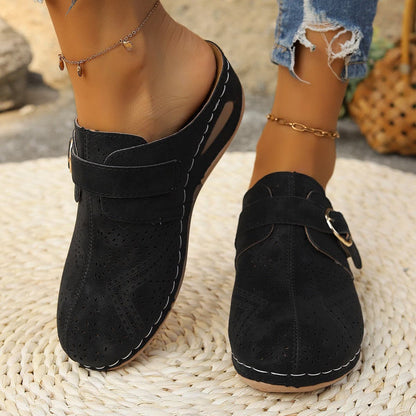 Suede Round Toe Wedge Sandals.