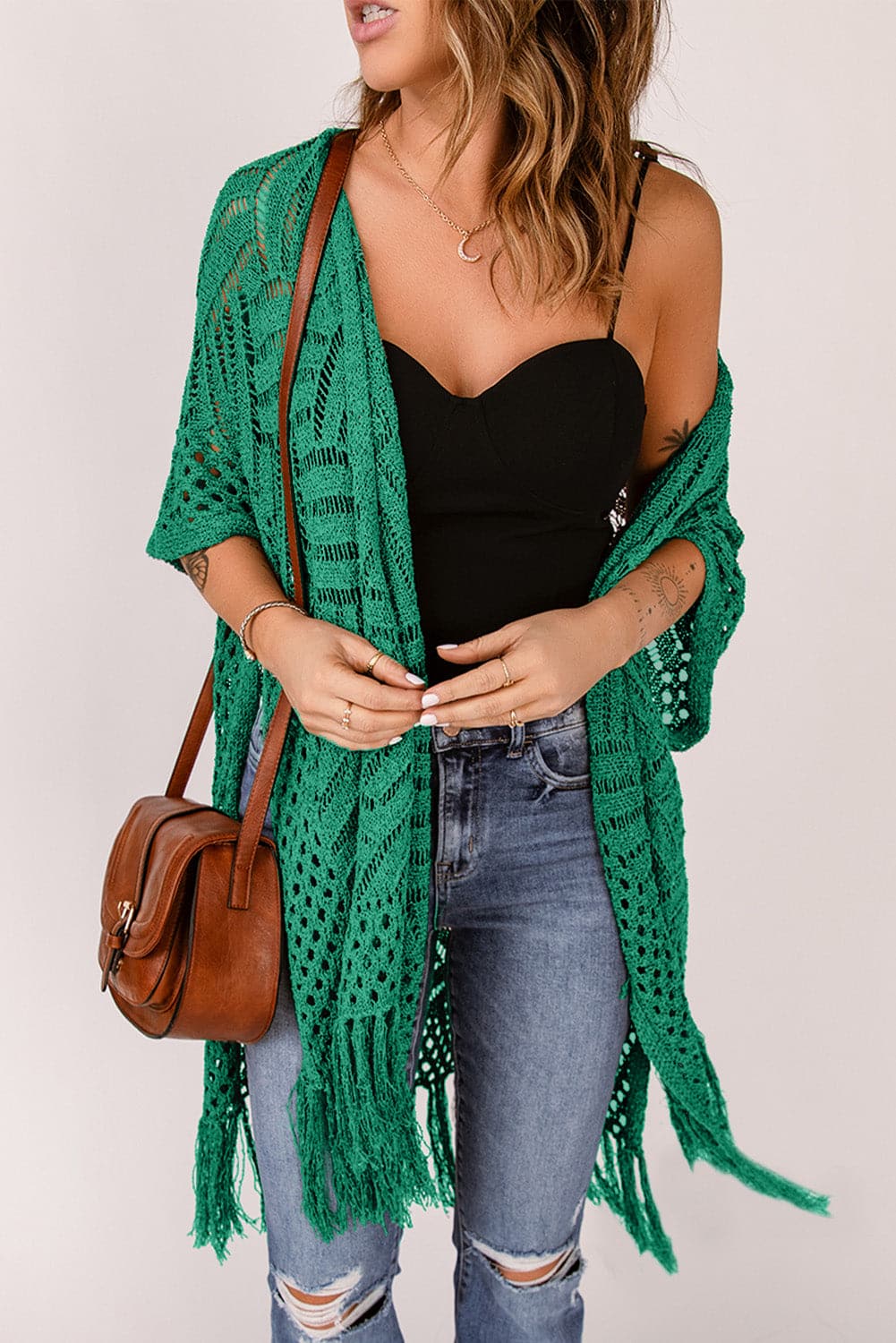 Openwork Open Front Cardigan with Fringes.