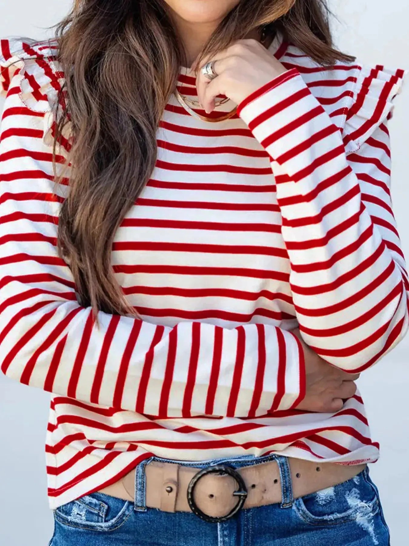 Striped Round Neck Ruffle Trim Long Sleeve Top For Women Simply Love