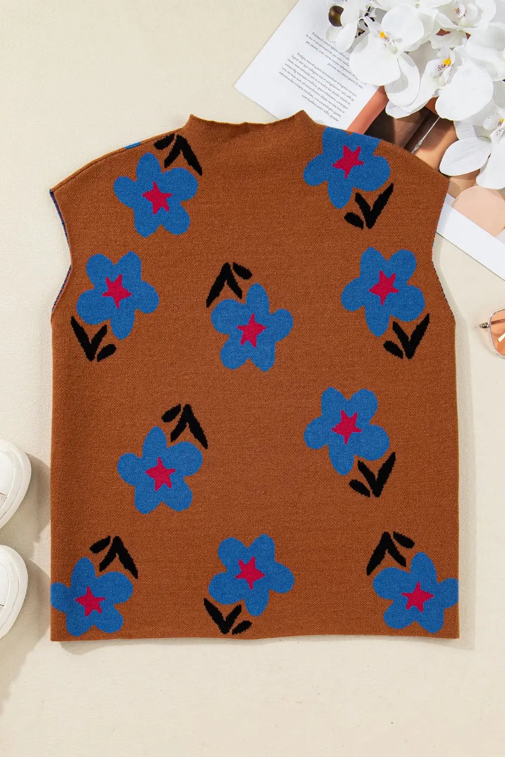 Chestnut Floral High Neck Knit Sweater Vest For Women Dear-Lover Dropshipping