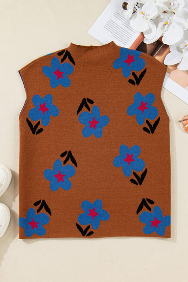 Chestnut Floral High Neck Knit Sweater Vest For Women