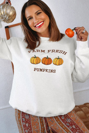 Premium White Farm Fresh Pumpkins Embroidered Holiday Sweatshirt