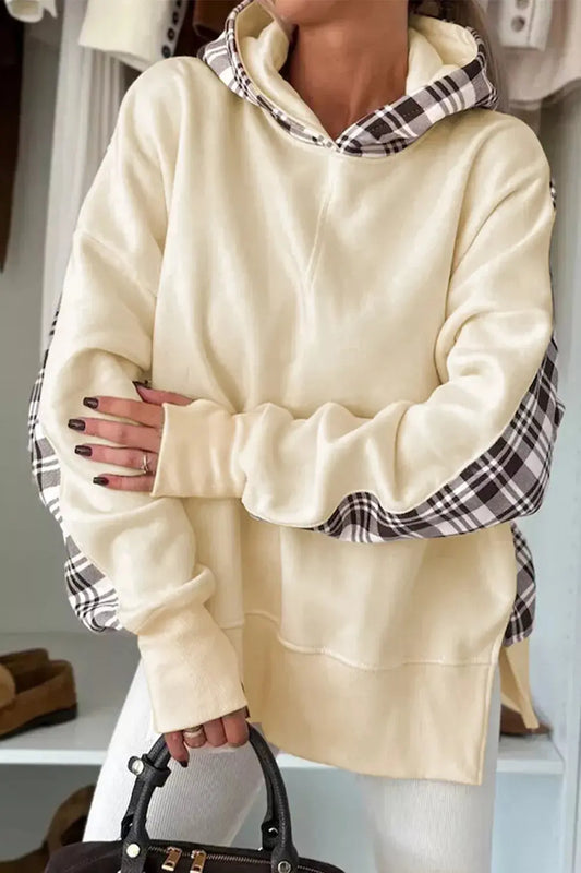 Plaid Side Slit Long Sleeve Hoodie Simply Love