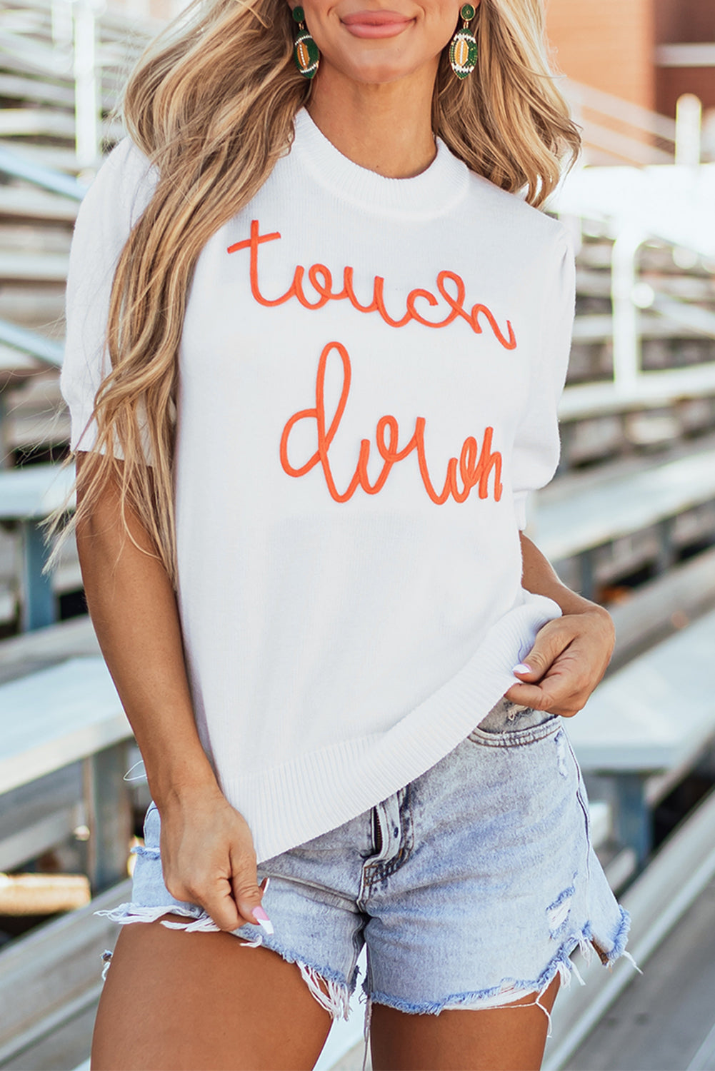 Chic White Puff Sleeve Sweater with Touchdown Tinsel Design