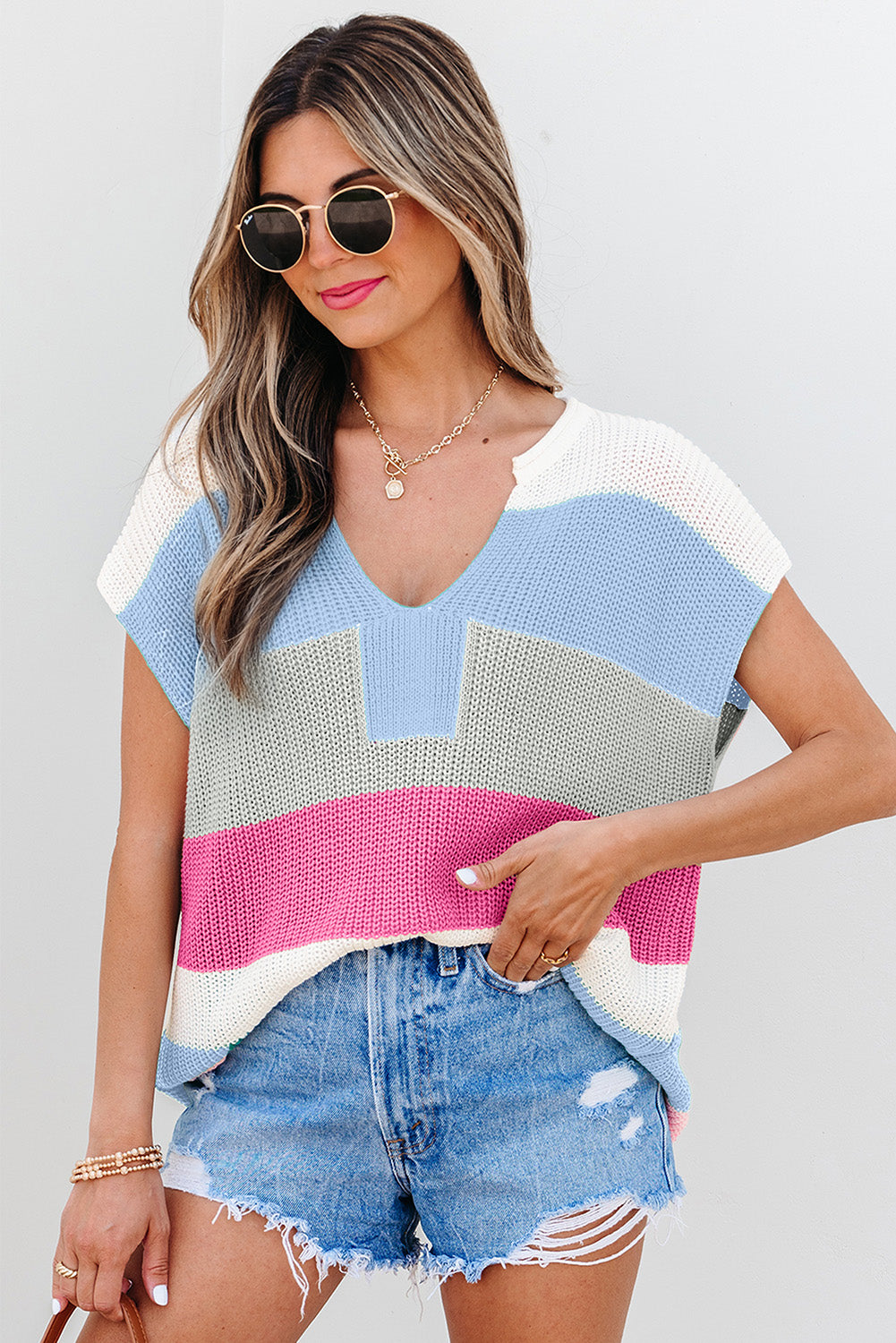 Light Blue Color Block Notch V Neck Sweater T Shirt for Women - Love Salve 