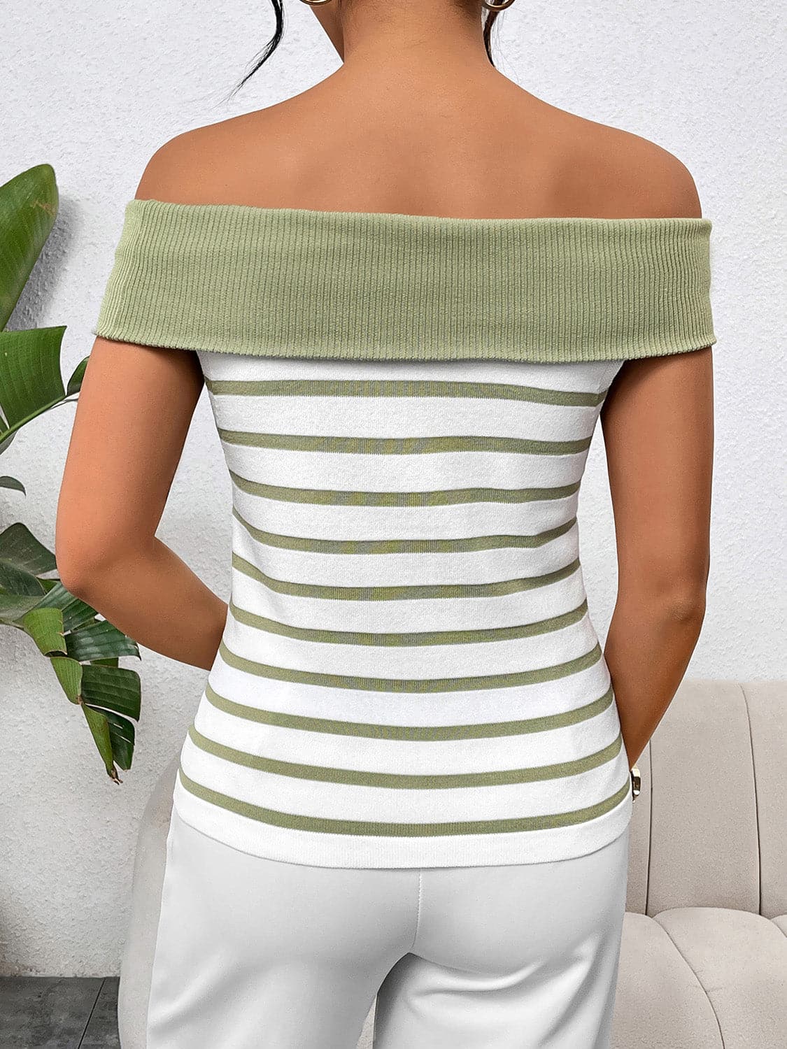 Decorative Button Striped Off-Shoulder Knit Top.