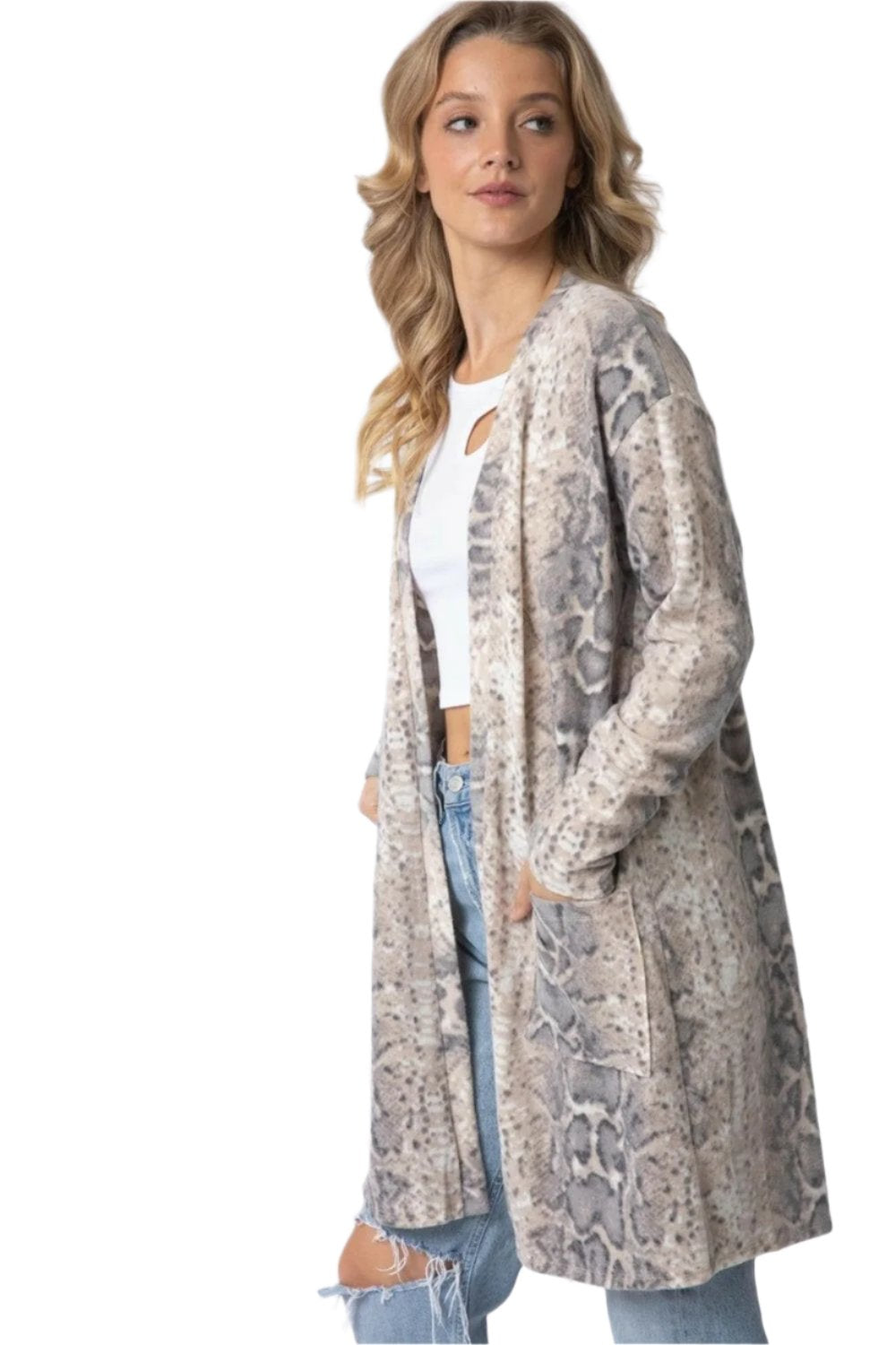 Cherish Apparel Animal Print Flannel Open Front Longline Cardigan.