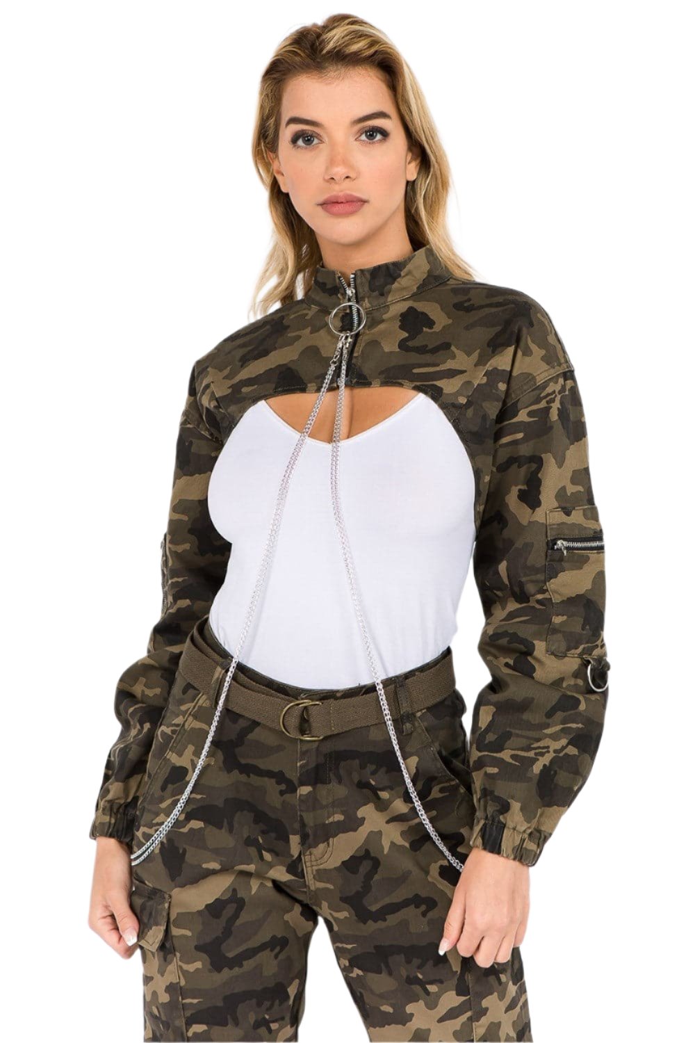 Camouflage cropped jacket with chains