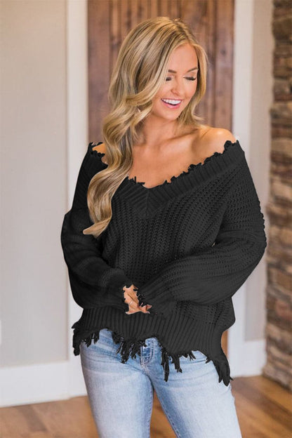 Frayed Hem Dropped Shoulder Sweater.