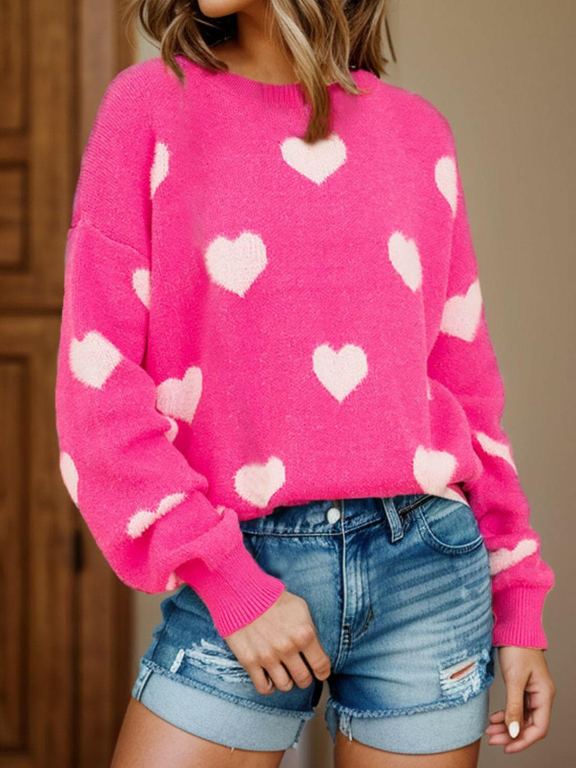 Heart Round Neck Dropped Shoulder Sweater.