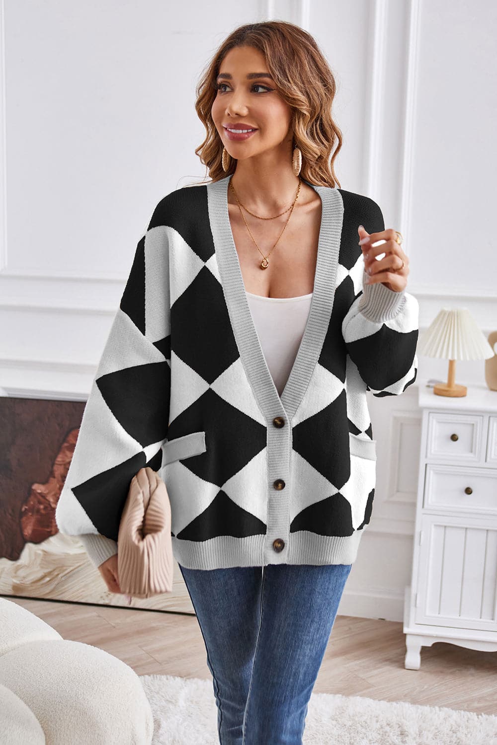 Geometric Lantern Sleeve Cardigan with Pockets.