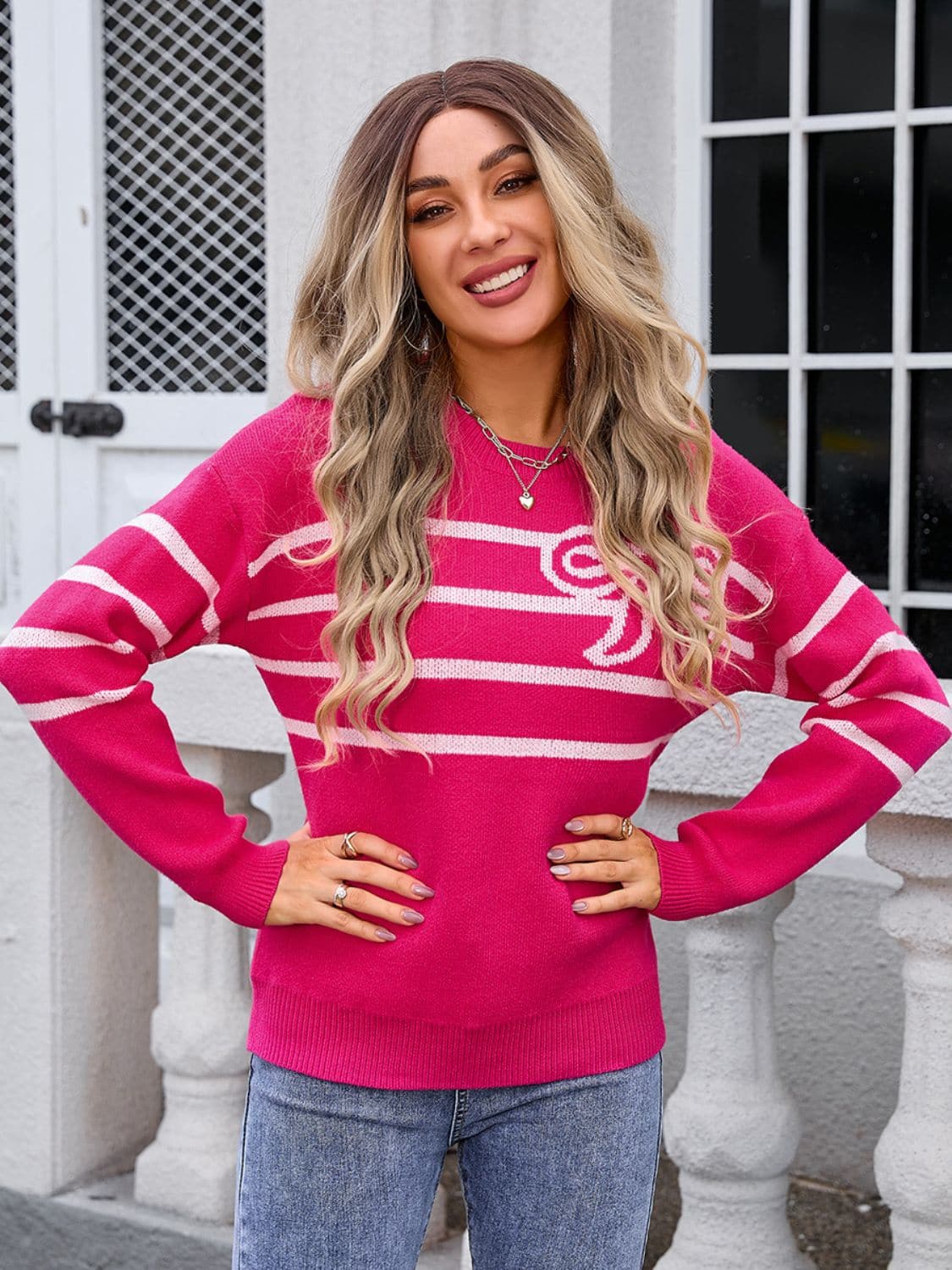 Striped Round Neck Long Sleeve Sweater.