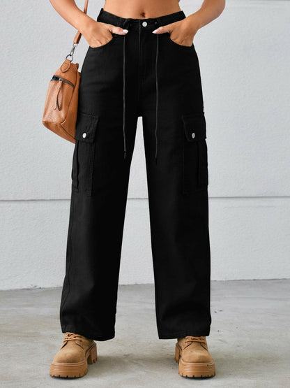 Drawstring mid-rise waist straight cargo jeans with buttoned accents and adjustable drawstring.