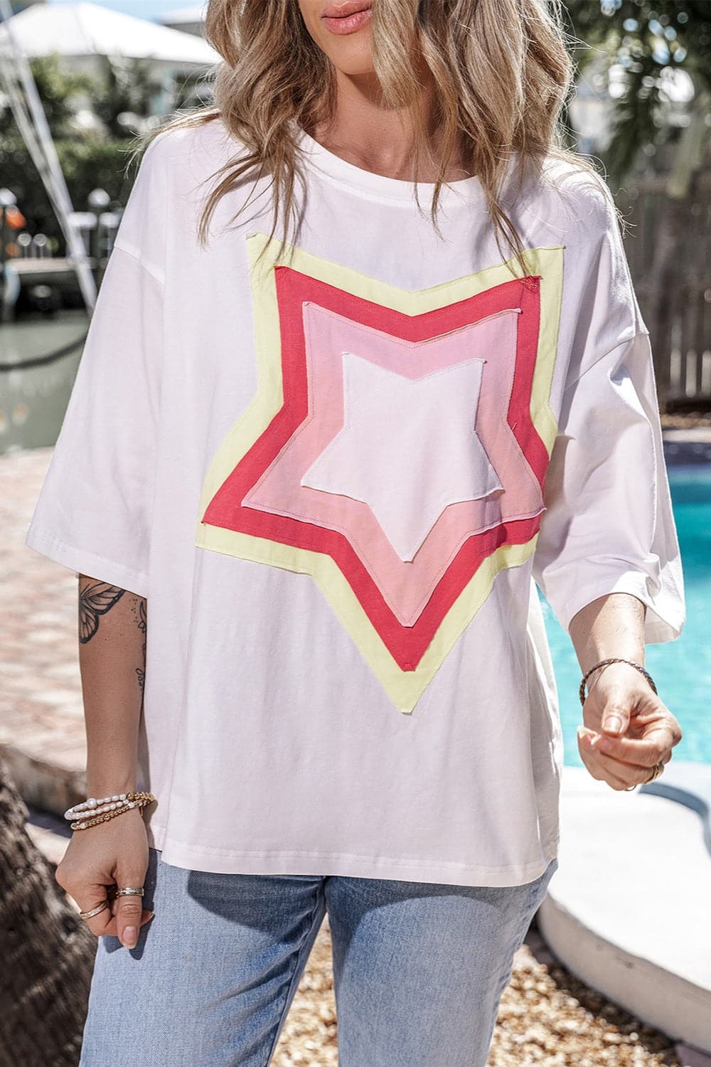 Star Round Neck Dropped Shoulder T-Shirt.