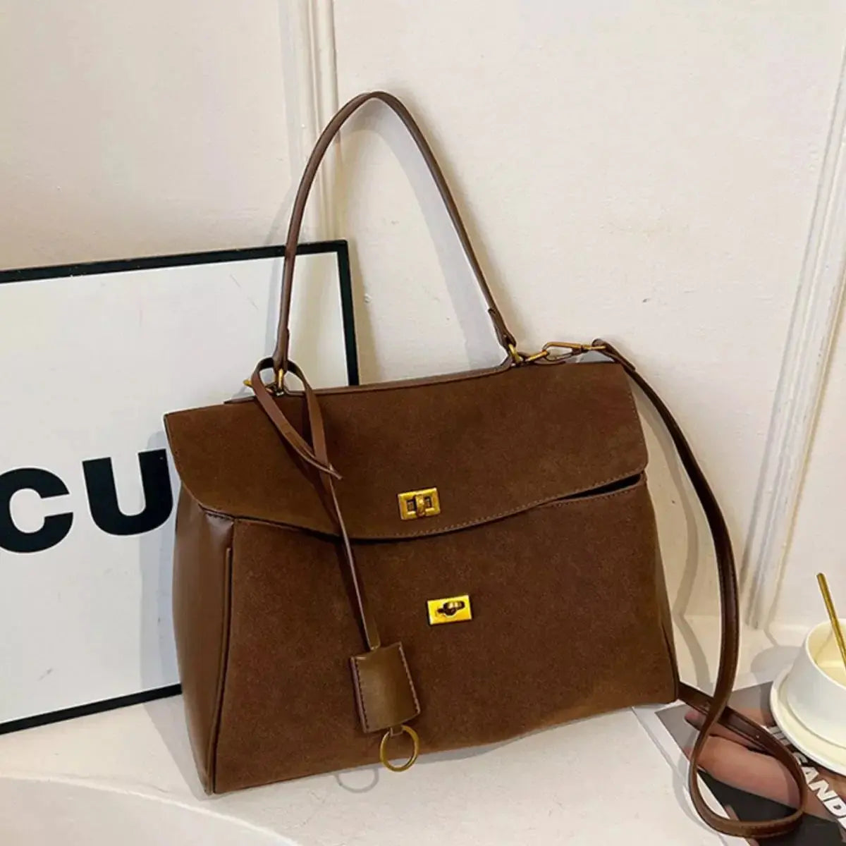 Black PU Leather Flap Crossbody Bag Medium Size With Gold Hardware Simply Love