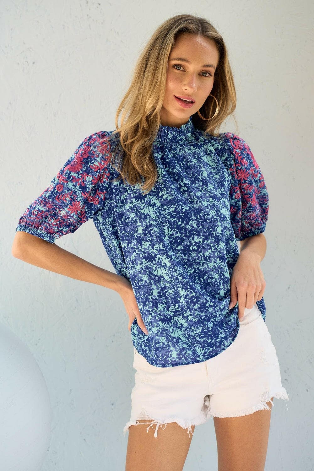 Hailey & Co Embroidered Puff Sleeve Printed Blouse.