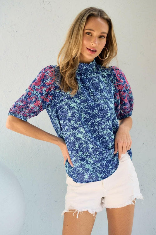 Hailey & Co Embroidered Puff Sleeve Printed Blouse - Love Salve 