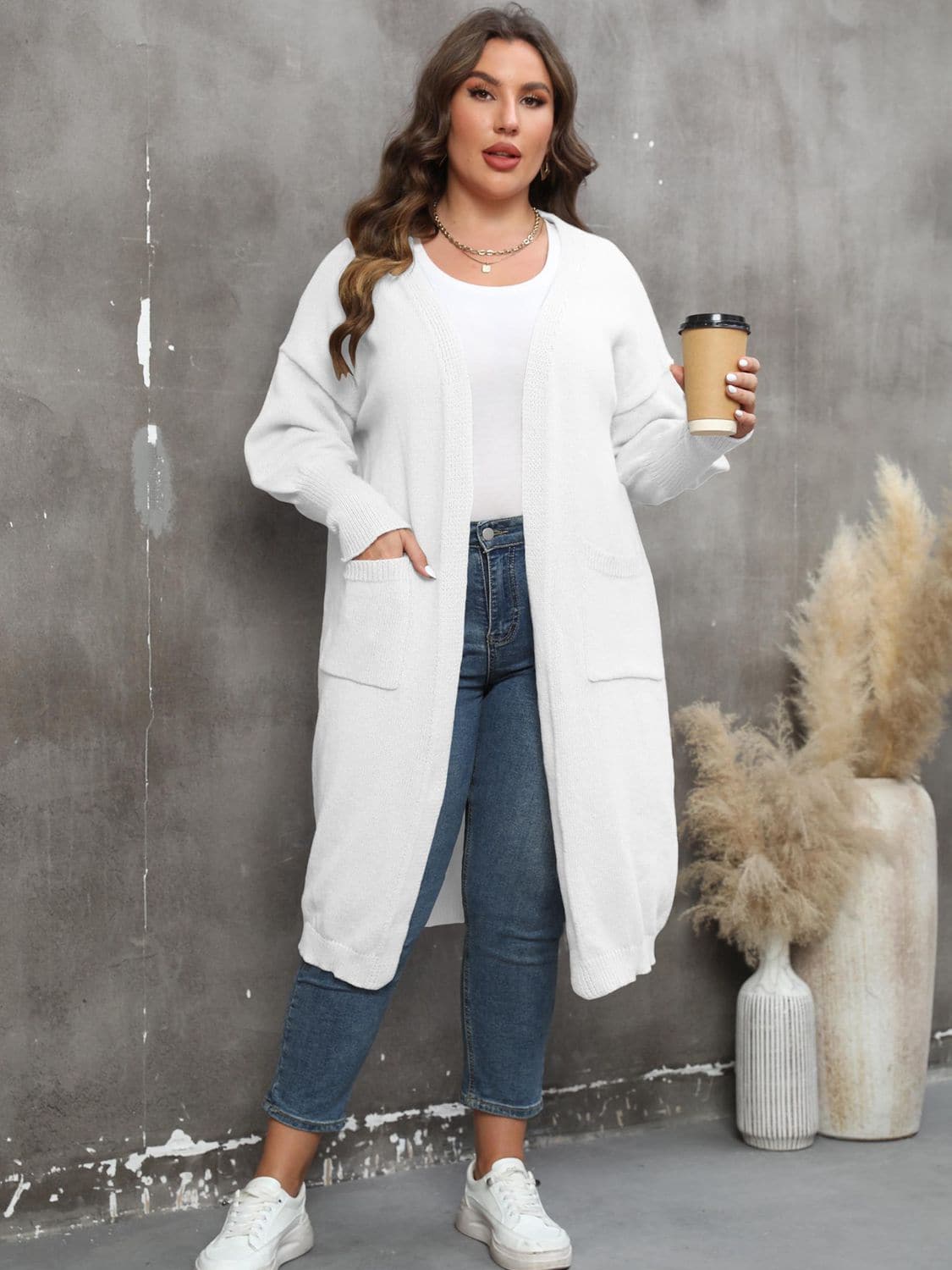 Plus Size Long Sleeve Pocketed Cardigan.