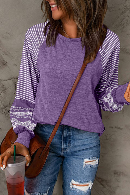 Tillandsia Purple Contrast Striped Raglan Long Sleeve Top