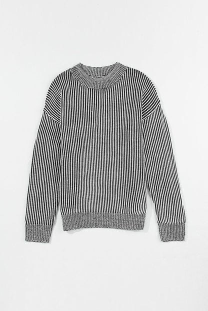 Striped Mock Neck Dropped Shoulder Sweater.