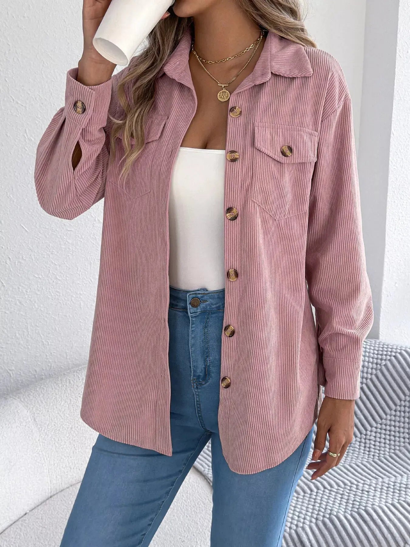 Casual Corduroy Button-Up Shacket Simply Love
