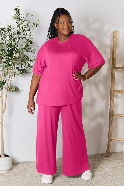 Double Take Full Size Round Neck Slit Top and Pants Set - Love Salve