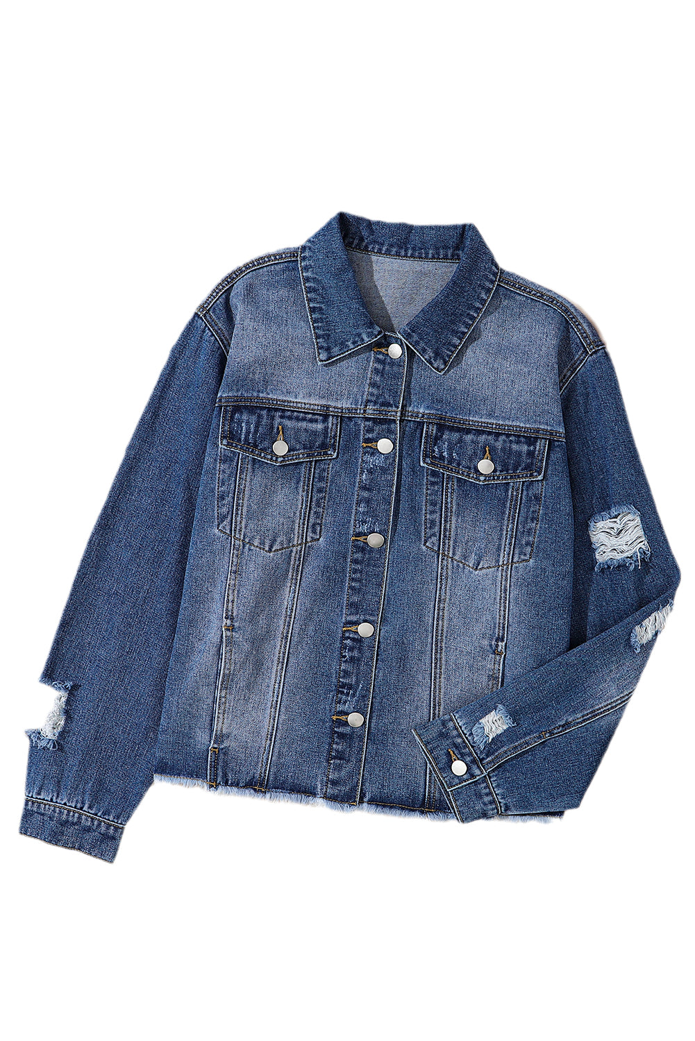 Chic dark blue plus size distressed denim jacket with flap pockets