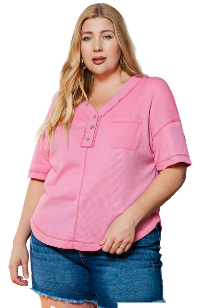 Chic pink plus size waffle knit henley with exposed seams