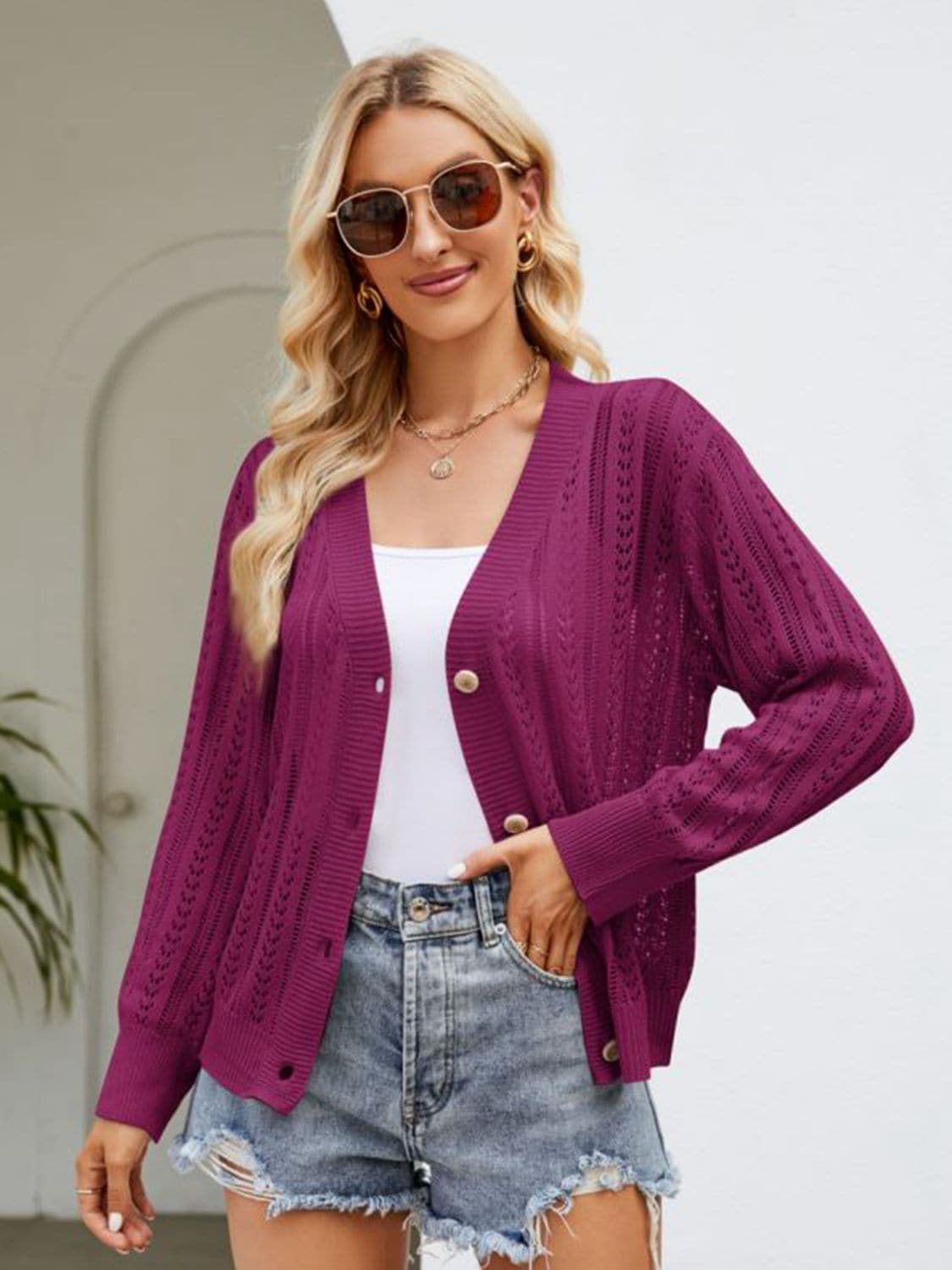 Button Down Ribbed Trim Cardigan.