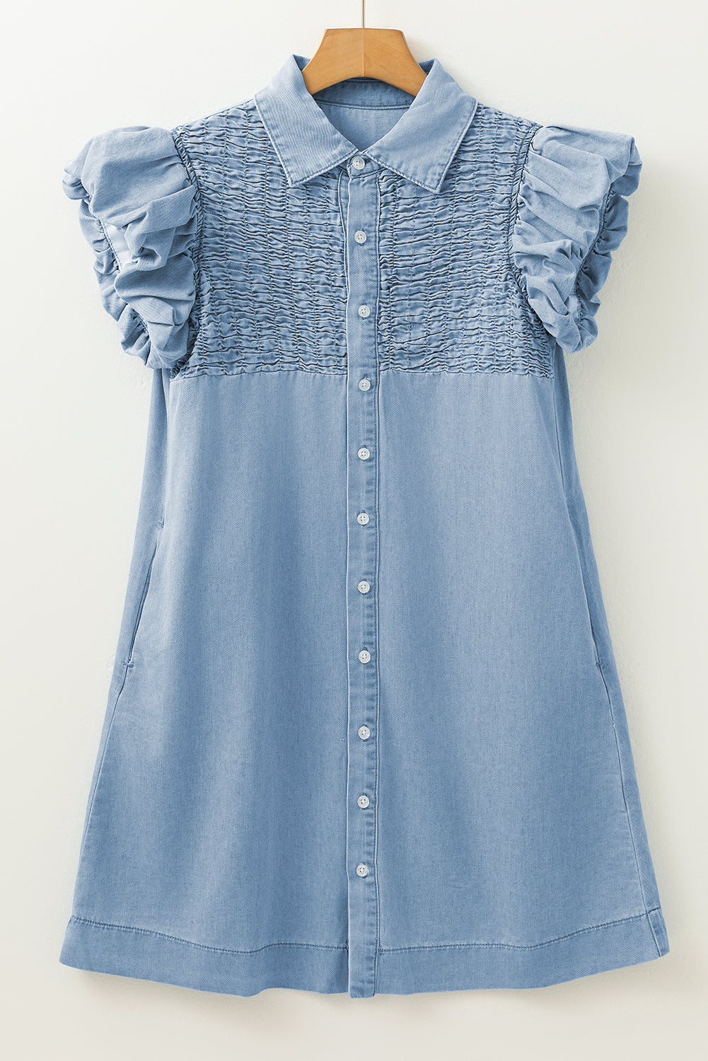 Beau Blue Flutter Sleeve Shirred Button Up Denim Mini Dress Divine Design4U