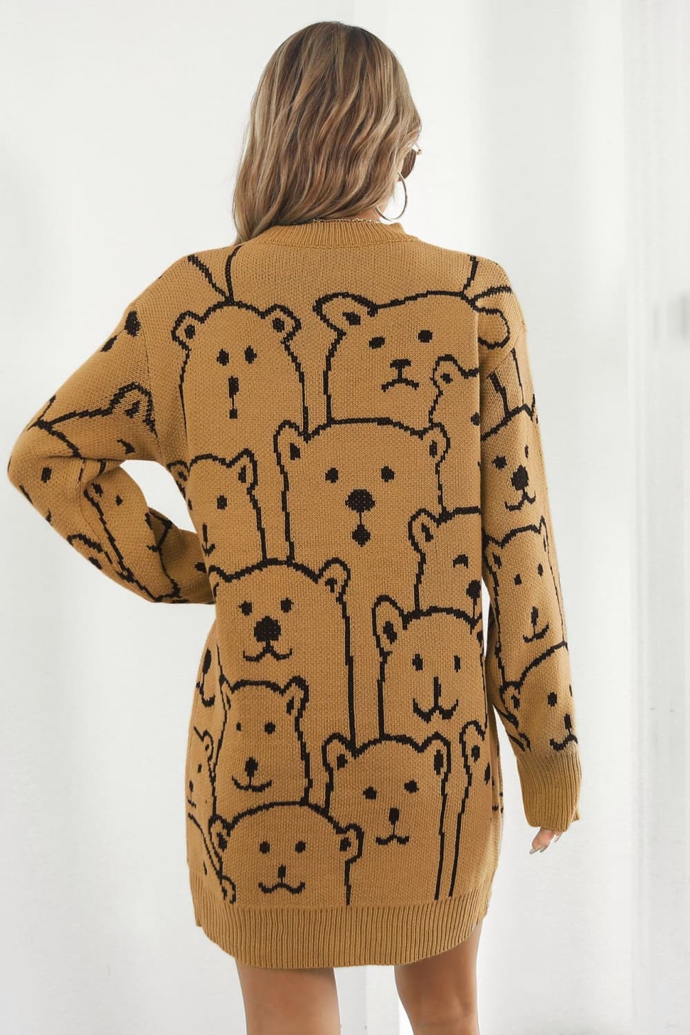 Bear Pattern Round Neck Sweater Dress.