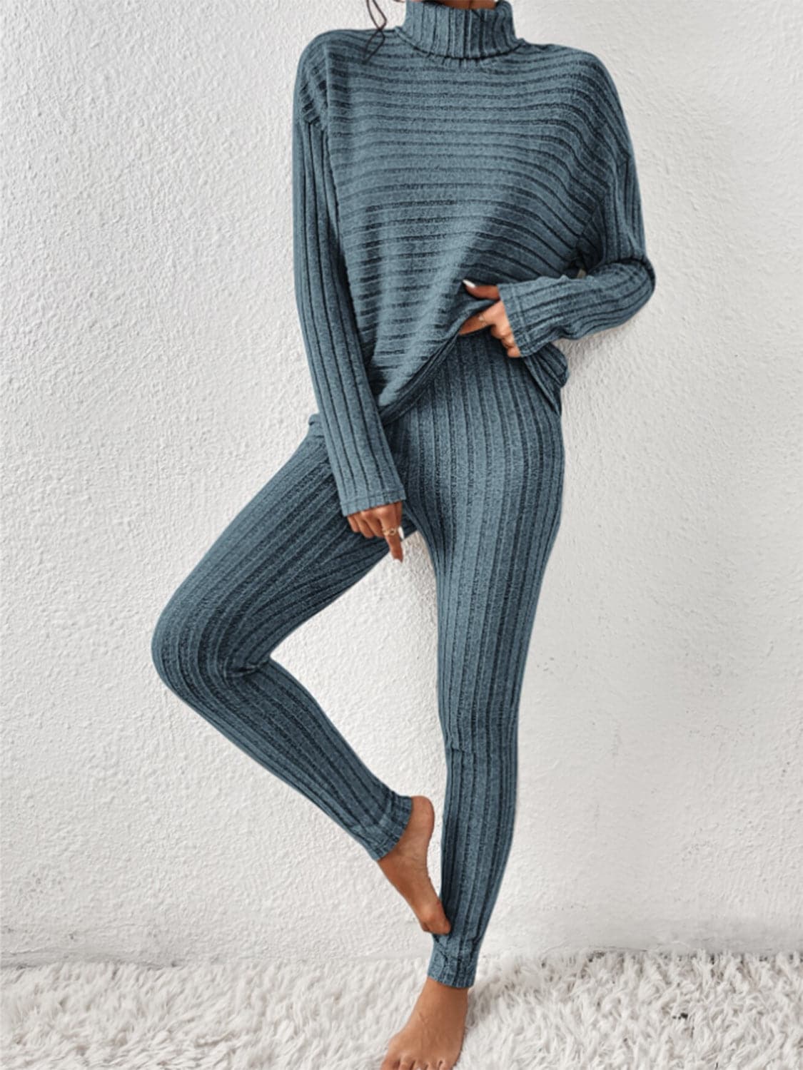 Ribbed Turtleneck Top and Pants Set.