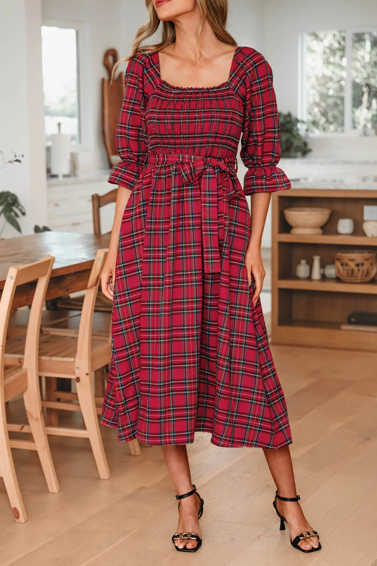 Red Tartan Plaid Square Neck Puff Sleeve Knot Waist Flared Midi Dress Dear-Lover Dropshipping