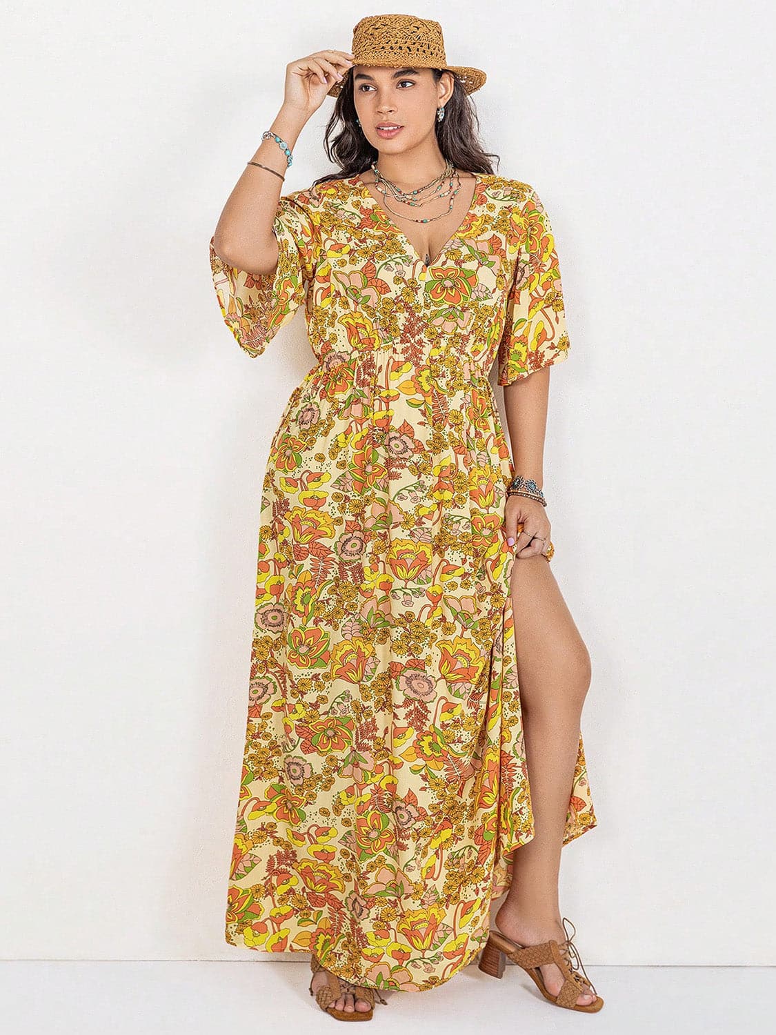 Floral V-Neck Short Sleeve Slit Dress.