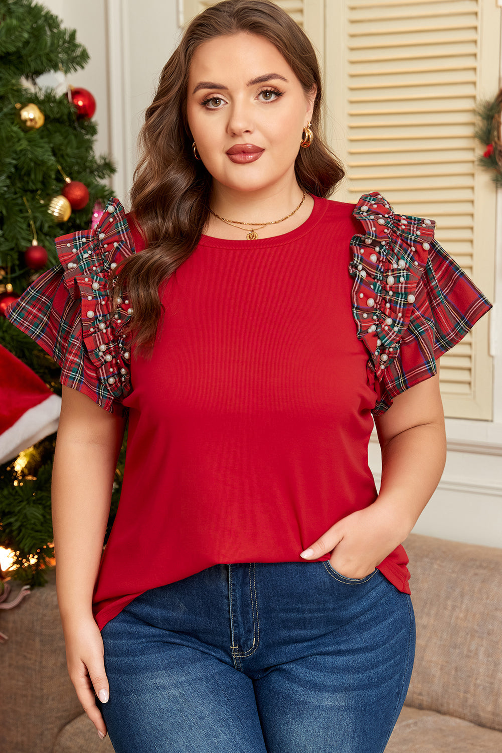 Racing Red Plaid Ruffled Plus Size Knit Christmas Shirt Dear-Lover Dropshipping