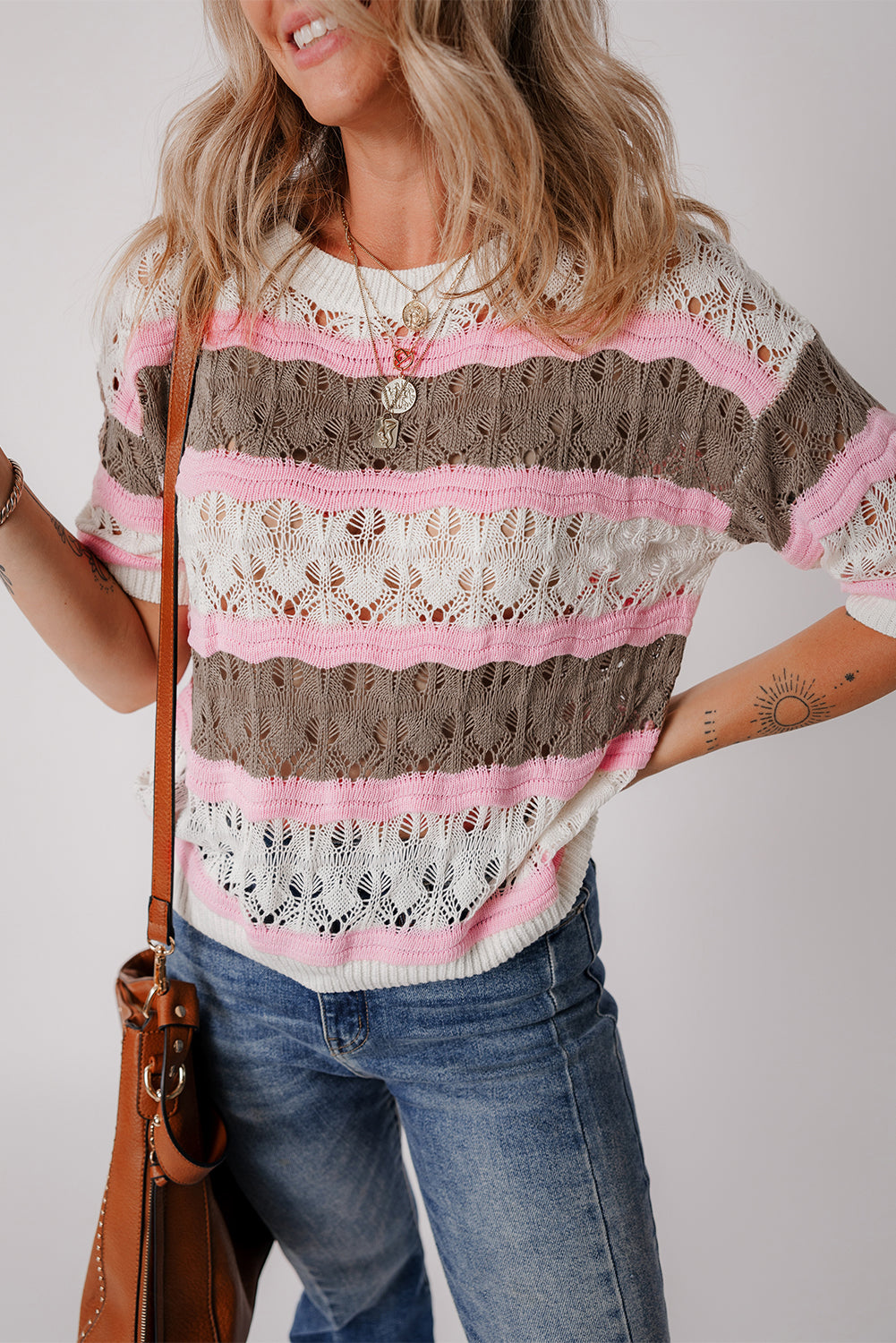 Elegant brown striped crochet sweater