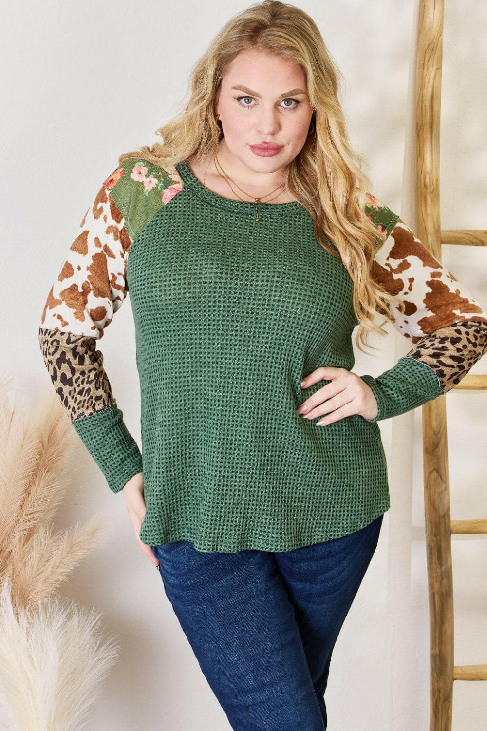 Hailey & Co Full Size Waffle-Knit Leopard Blouse.