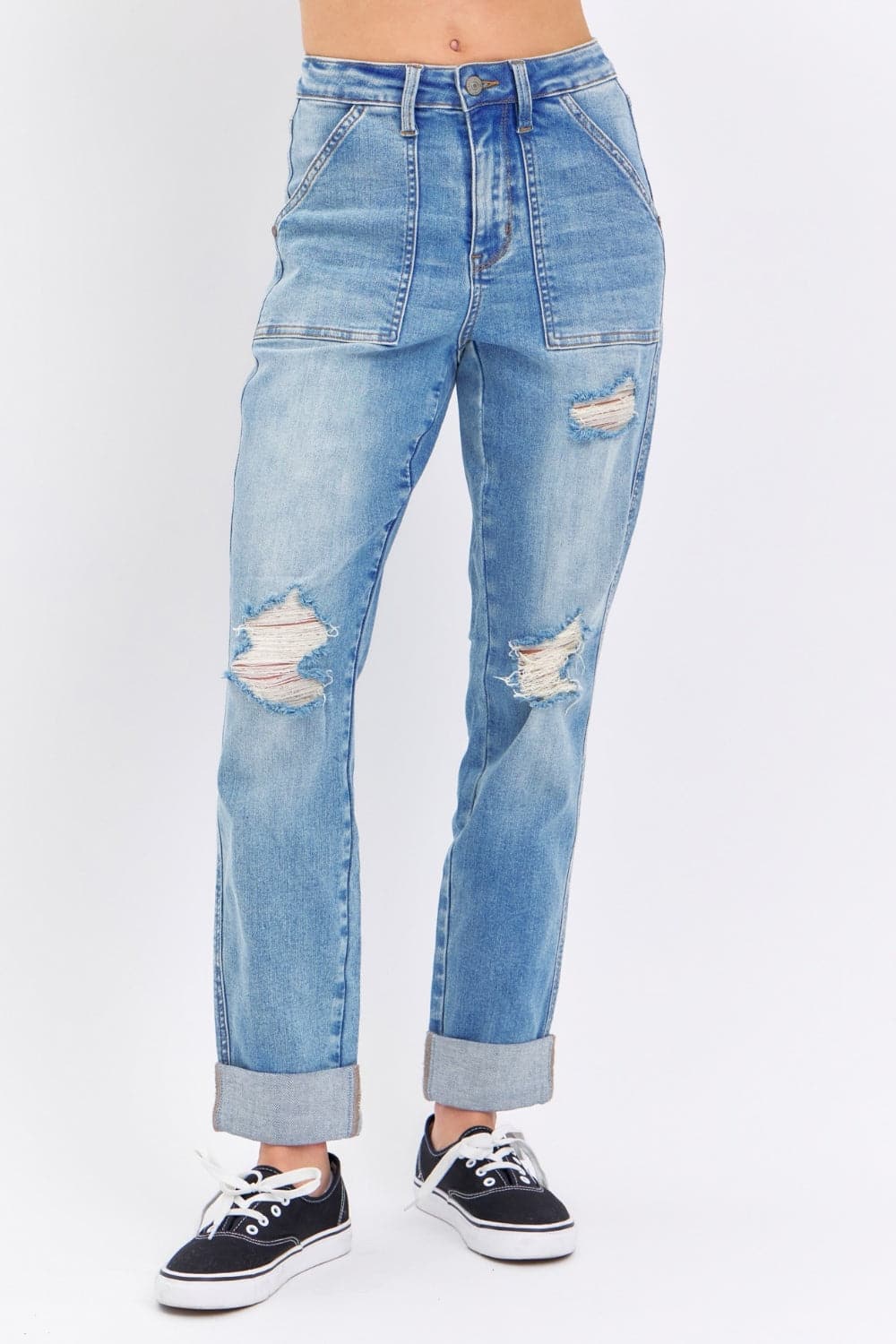 Judy Blue Full Size Distressed Straight Jeans with Patch Pockets.