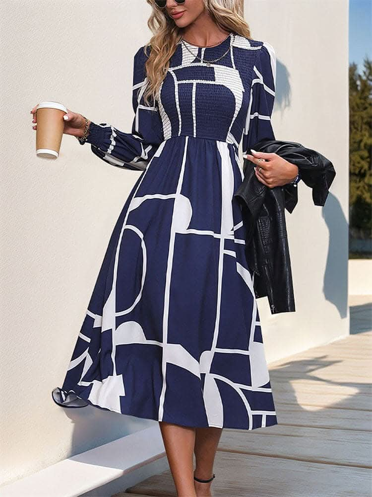 Smocked Color Block Long Sleeve Midi Dress.