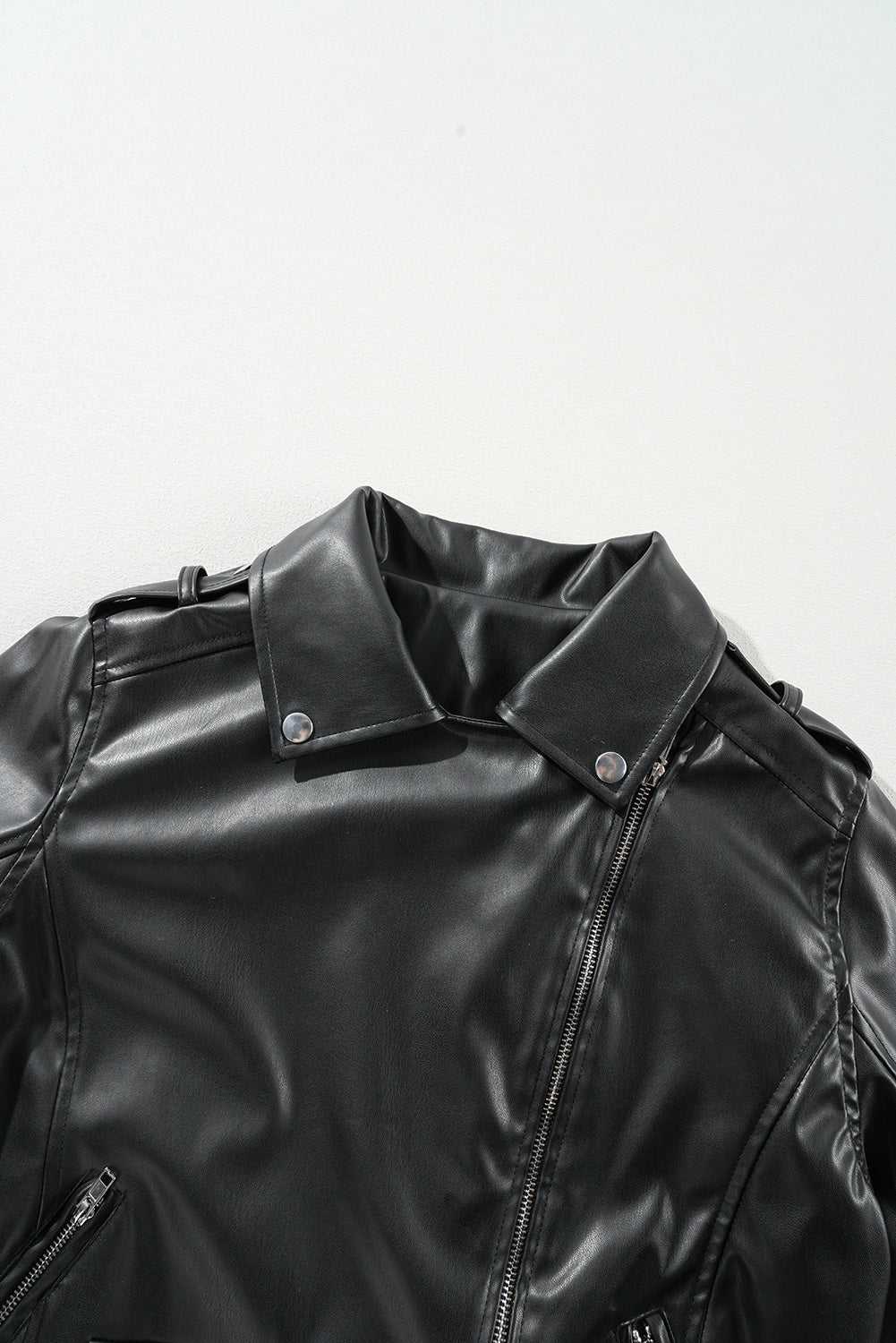 Chic black PU leather lapel collar motorcycle jacket