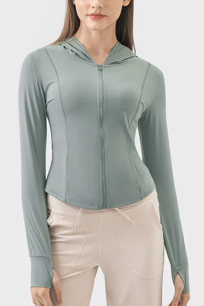 Pocketed Zip Up Hooded Long Sleeve Active Outerwear.