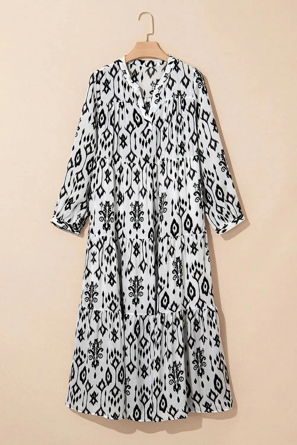 Tiered Printed Notched Long Sleeve Midi Dress