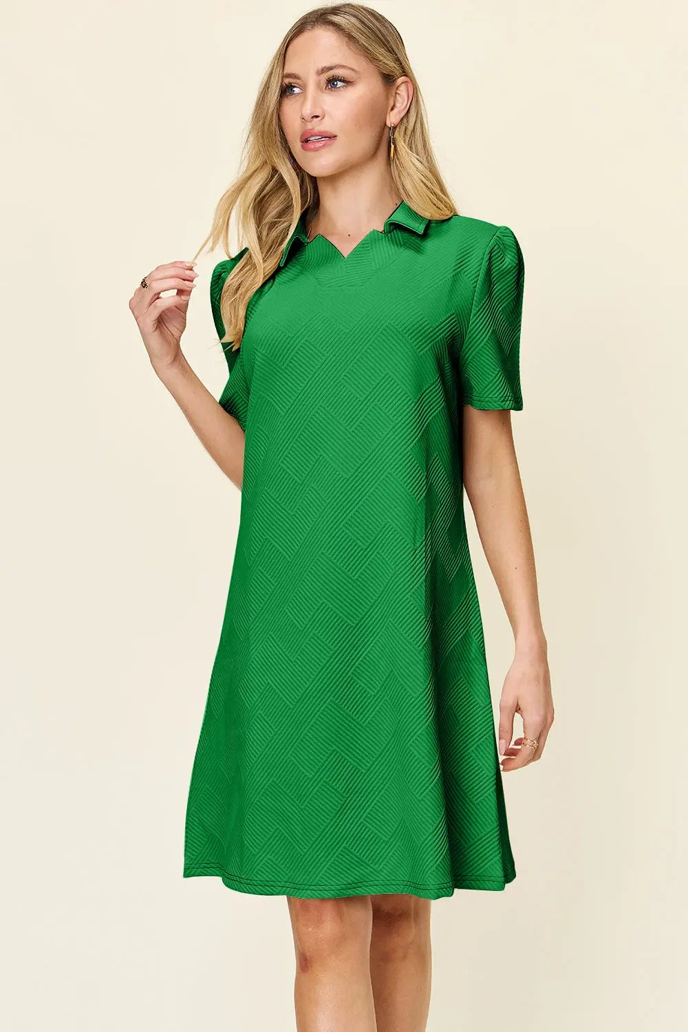 Double Take Full Size Texture Collared Neck Short Sleeve Dress - Love Salve